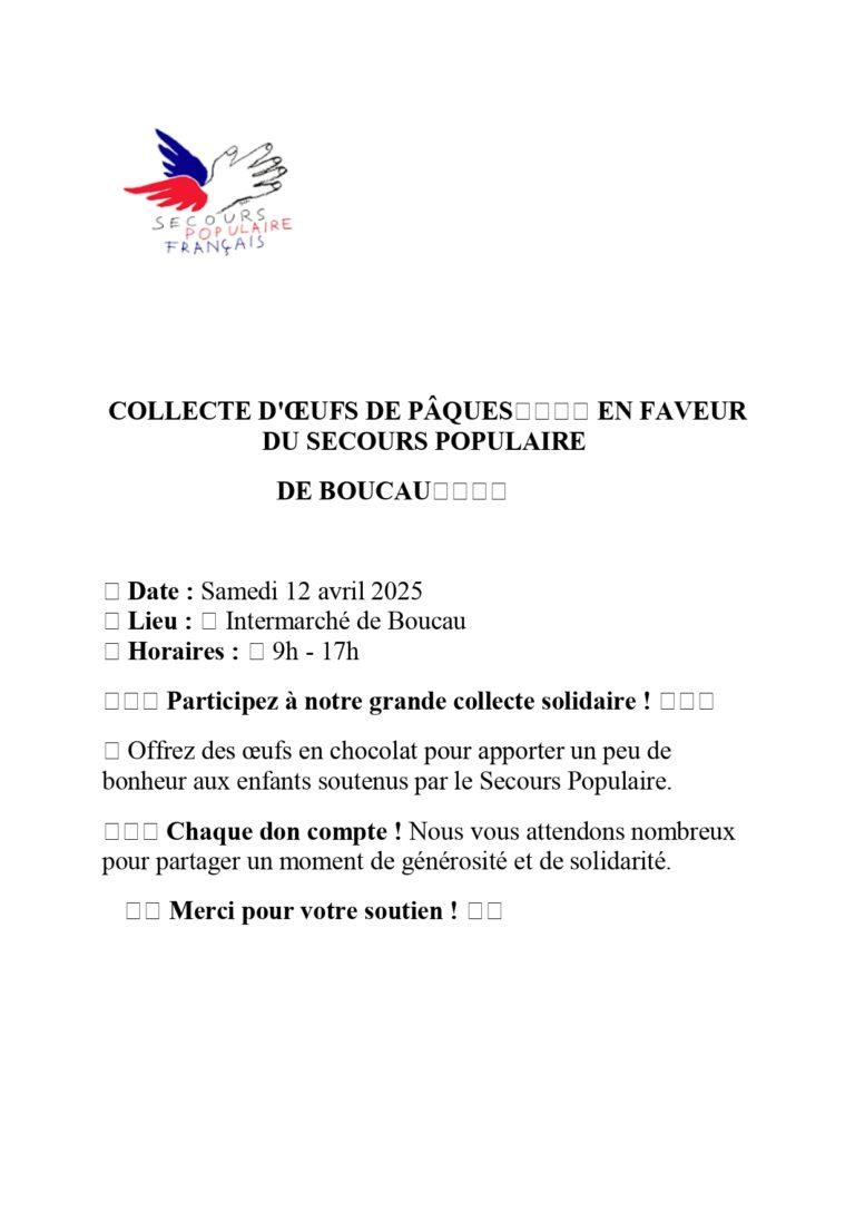 SECOURS POPULAIRE : COLLECTE SOLIDAIRE D’OEUFS DE PÂQUES