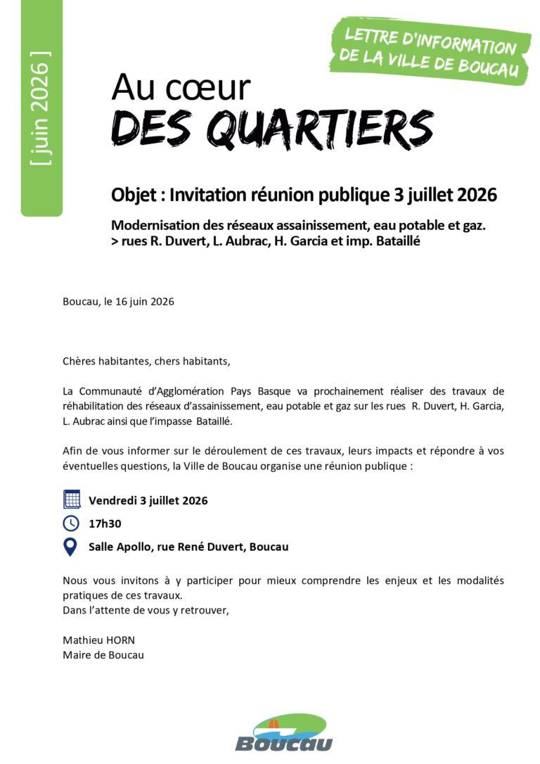 Réunion publique – Travaux rues Duvert, Garcia, Aubrac et impasse Bataillé